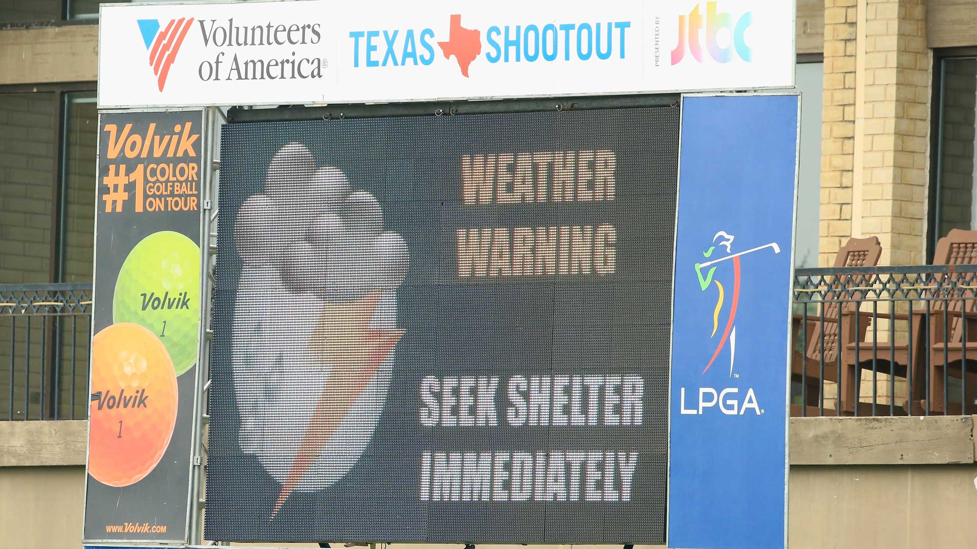 A warning sign is seen after play was suspended by dangerous weather during the second round of the Volunteers of America Texas Shootout