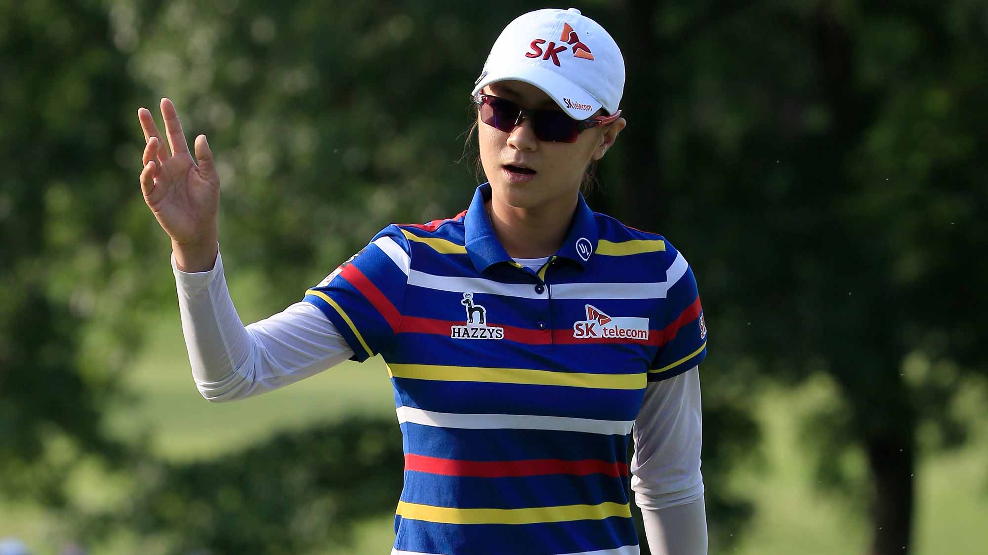 Na Yeon Choi of South Korea reacts after winning the Walmart NW Arkansas Championship Presented by P&G at Pinnacle Country Club