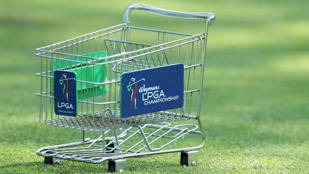A Wegman's shopping cart tee marker is seen on the fourth hole during the first round of the 2012 Wegmans LPGA Championship