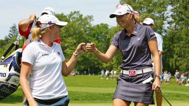 Stacy Lewis and Paula Creamer during the second round of the 2012 Wegmans LPGA Championship 