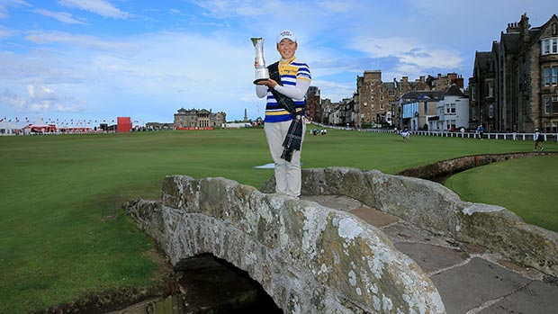 Jiyai Shin poses on the Swilken Bridge on the 18th hole as a preview for the 2013 Ricoh Women's British Open