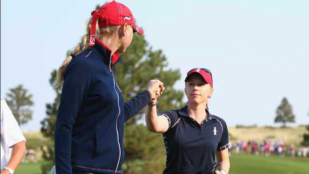 Jessica Korda and Morgan Pressel during Friday Morning Foursome Matches at the Solheim Cup