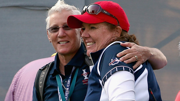 Mag Mallon and Patty Sheehan during Friday Morning Foursome Matches at the Solheim Cup