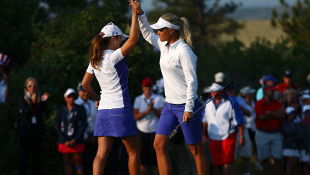 Suzann Pettersen and Beatriz Recari during Friday Morning Foursome Matches at the Solheim Cup