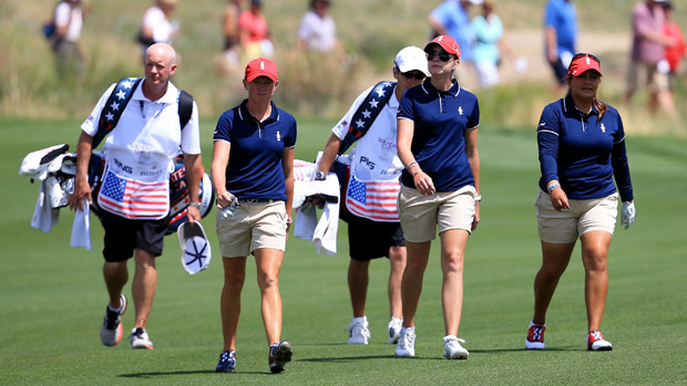 Stacy Lewis, Paula Creamer and Lizette Salas during practice for the 2013 Solheim Cup