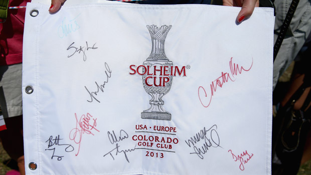 Fan Autographed Flag during the third day of practice at the Solheim Cup