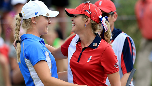 Paula Creamer and Charley Hull during the final day singles matches at the Solheim Cup
