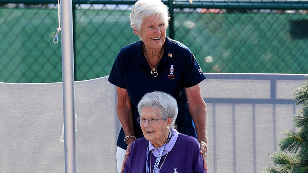 Kathy Whitworth and Louise Solheim during the Opening Ceremony of the 2013 Solheim Cup