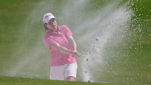 Maria Hernandez of Spain hits out of the trap on the 11th green during round one of the Airbus LPGA Classic presented by JTBC