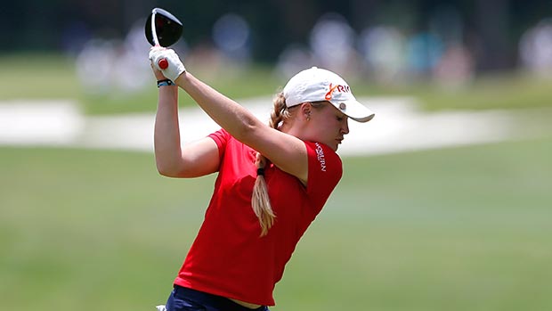 Charley Hull of England tees off the fifth hole during round three of the Airbus LPGA Classic presented by JTBC