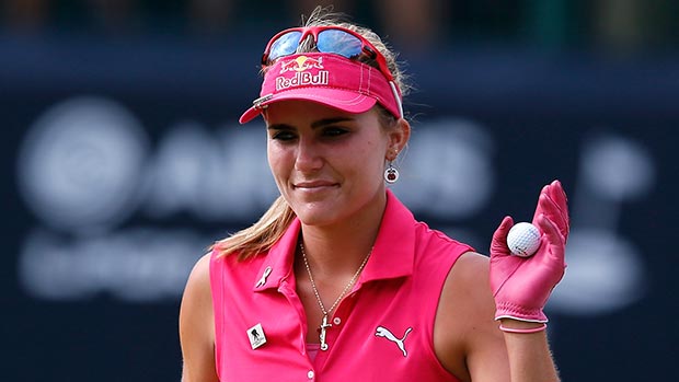 Lexi Thompson reacts after her par putt on the 18th green during round three of the Airbus LPGA Classic presented by JTBC