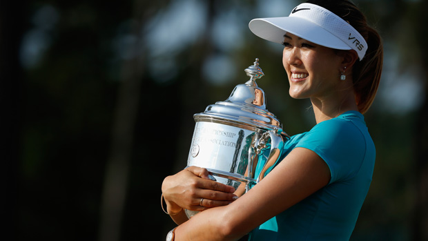 Michelle Wie poses with the trophy during the final round of the U.S. Women's Open