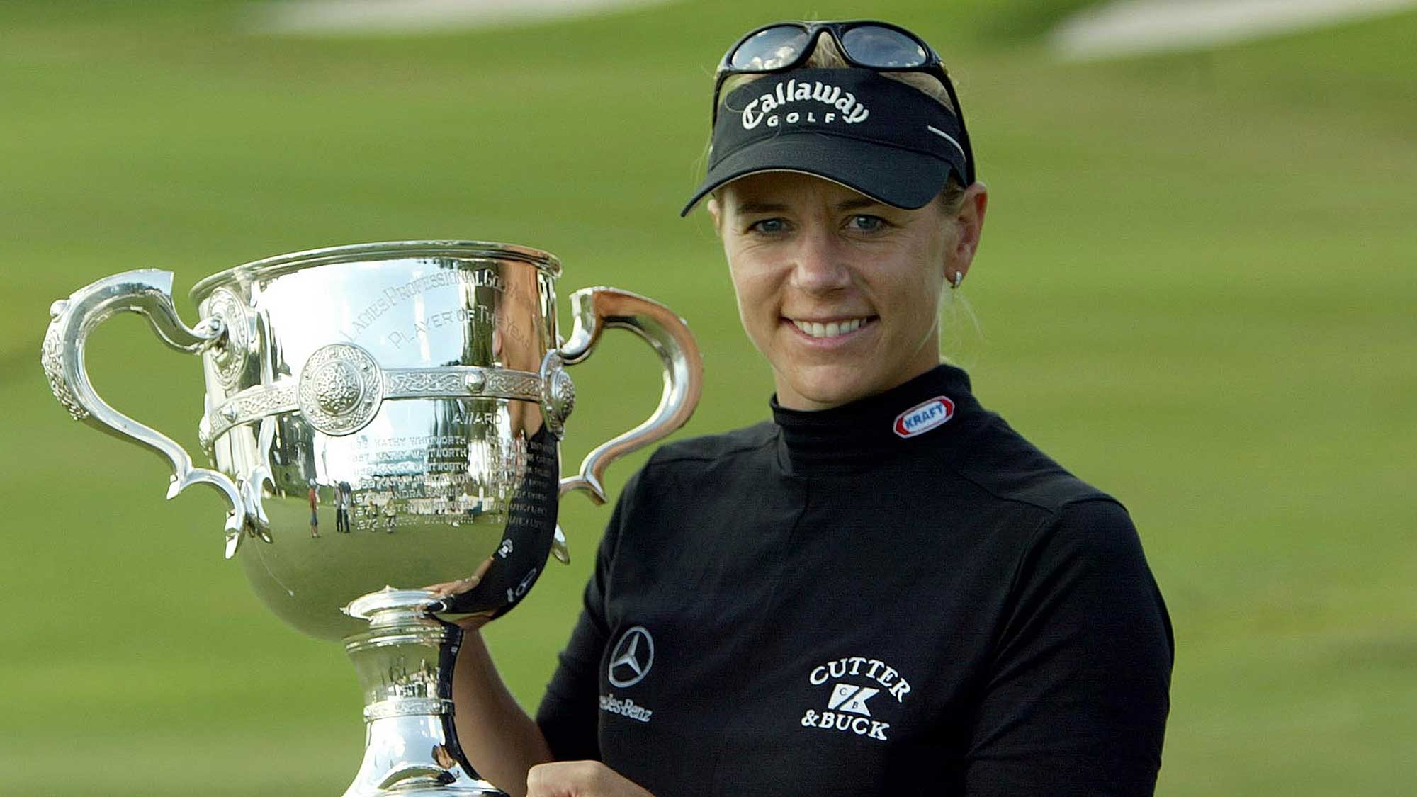 Annika Sorenstam of Stockholm, Sweden holds the "Player Of The Year" trophy during the third round of the ADT Championship on November 22, 2003 at the Trump International Golf Club in West Palm Beach, Florida.