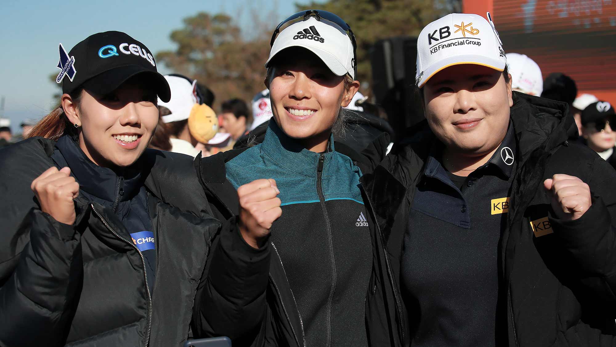 Jenny Shin, Danielle Kang and Inbee Park pose for a photo during the Orange Life Champions Trophy Inbee Park Invitational at Blue One The Honors Country Club in Gyeongju, Republic of Korea