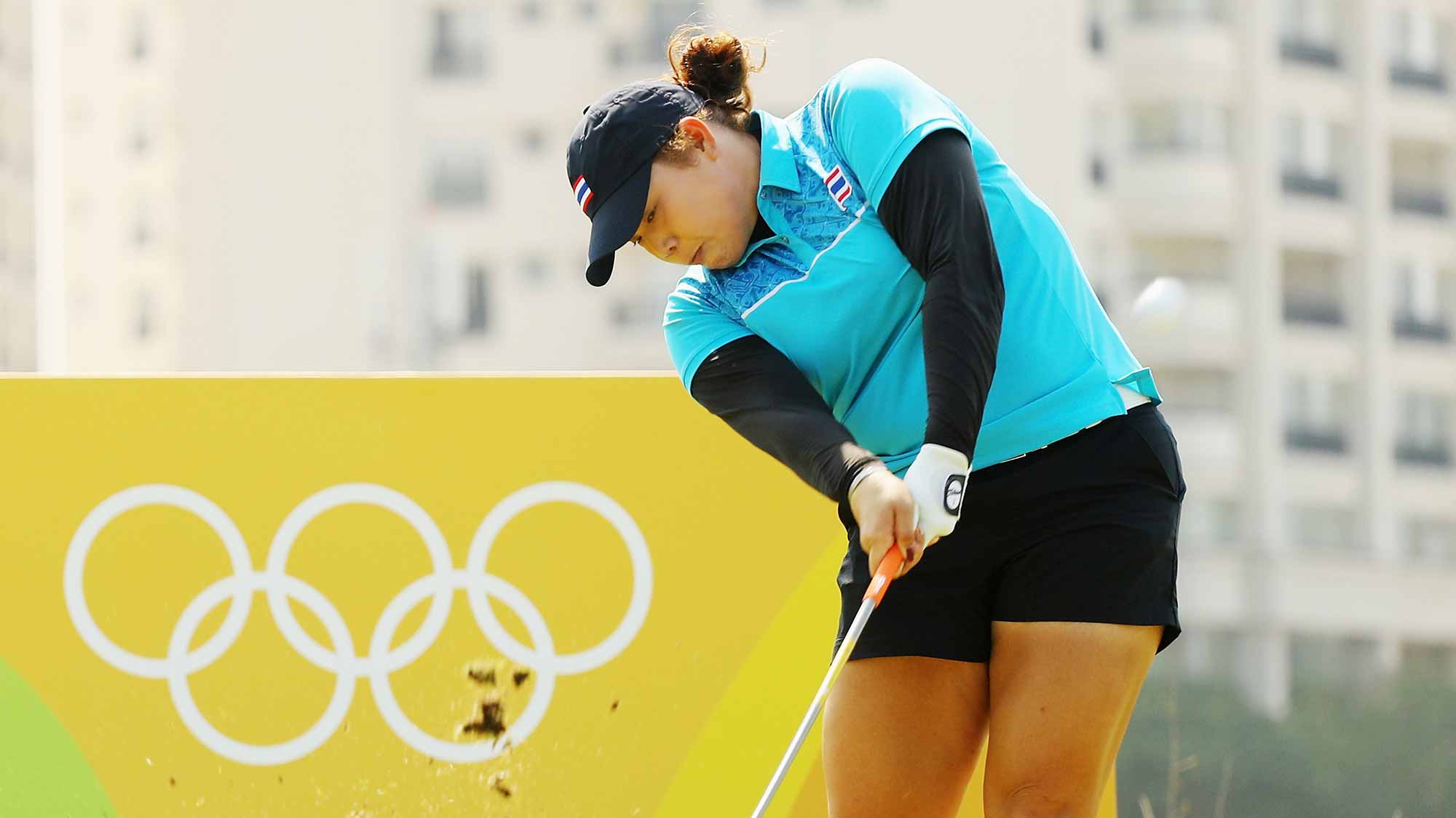 Ariya Jutanugarn of Thailand hits her tee shot on the eighth hole during the second round of the Women's Individual Stroke Play golf on Day 13 of the Rio 2016 Olympic Games at Olympic Golf Course