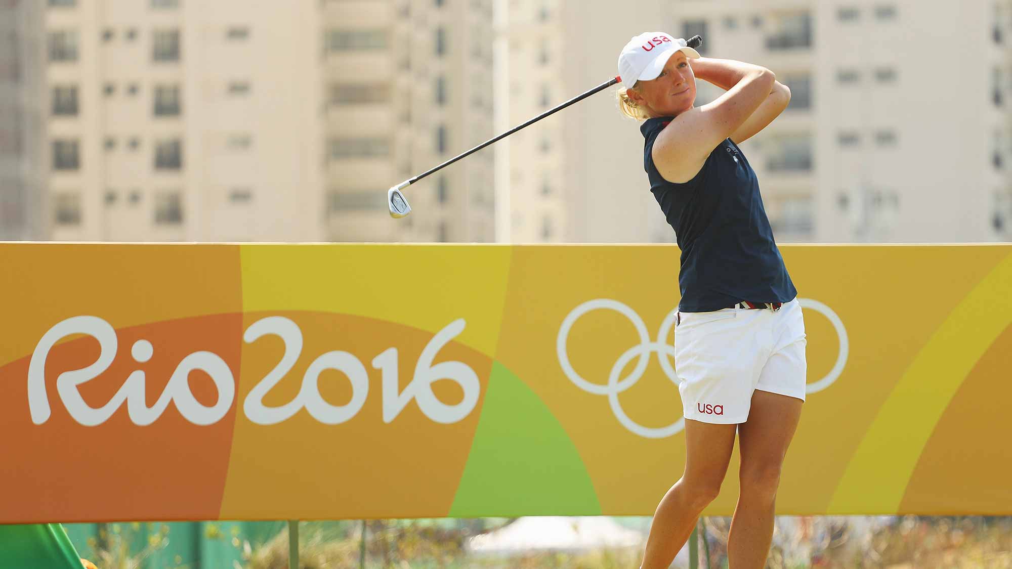 Stacy Lewis of the United States hits her tee shot on the eighth hole during the second round of the Women's Individual Stroke Play golf on Day 13 of the Rio 2016 Olympic Games at Olympic Golf Course