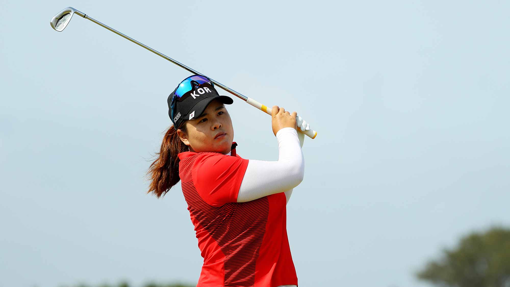 Inbee Park of Korea plays her shot from the sixth tee during the Women's Golf Final on Day 15 of the Rio 2016 Olympic Games at the Olympic Golf Course