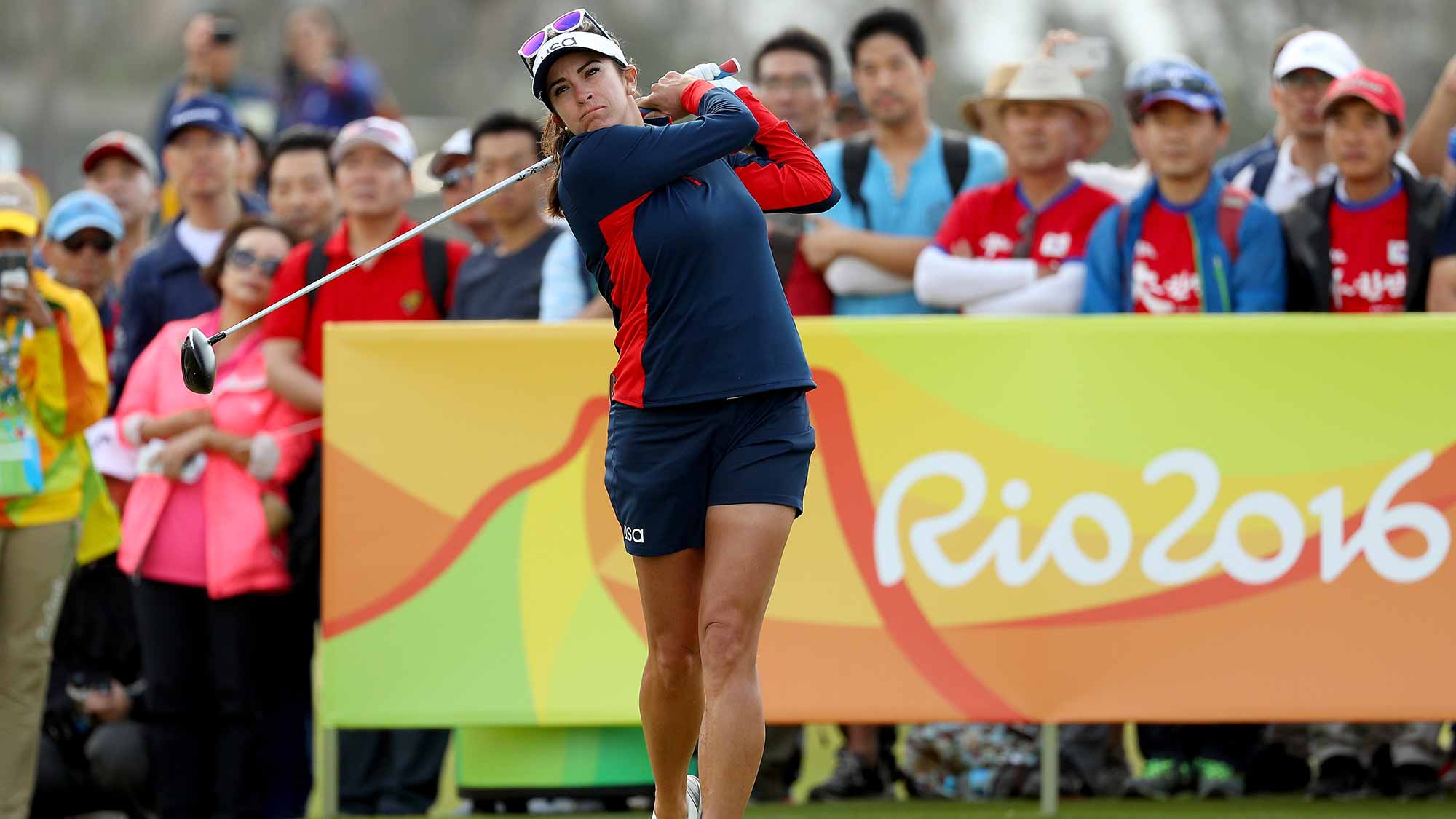 Gerina Piller of the United States plays her shot from the first tee during the Women's Golf Final on Day 15 of the Rio 2016 Olympic Games at the Olympic Golf Course