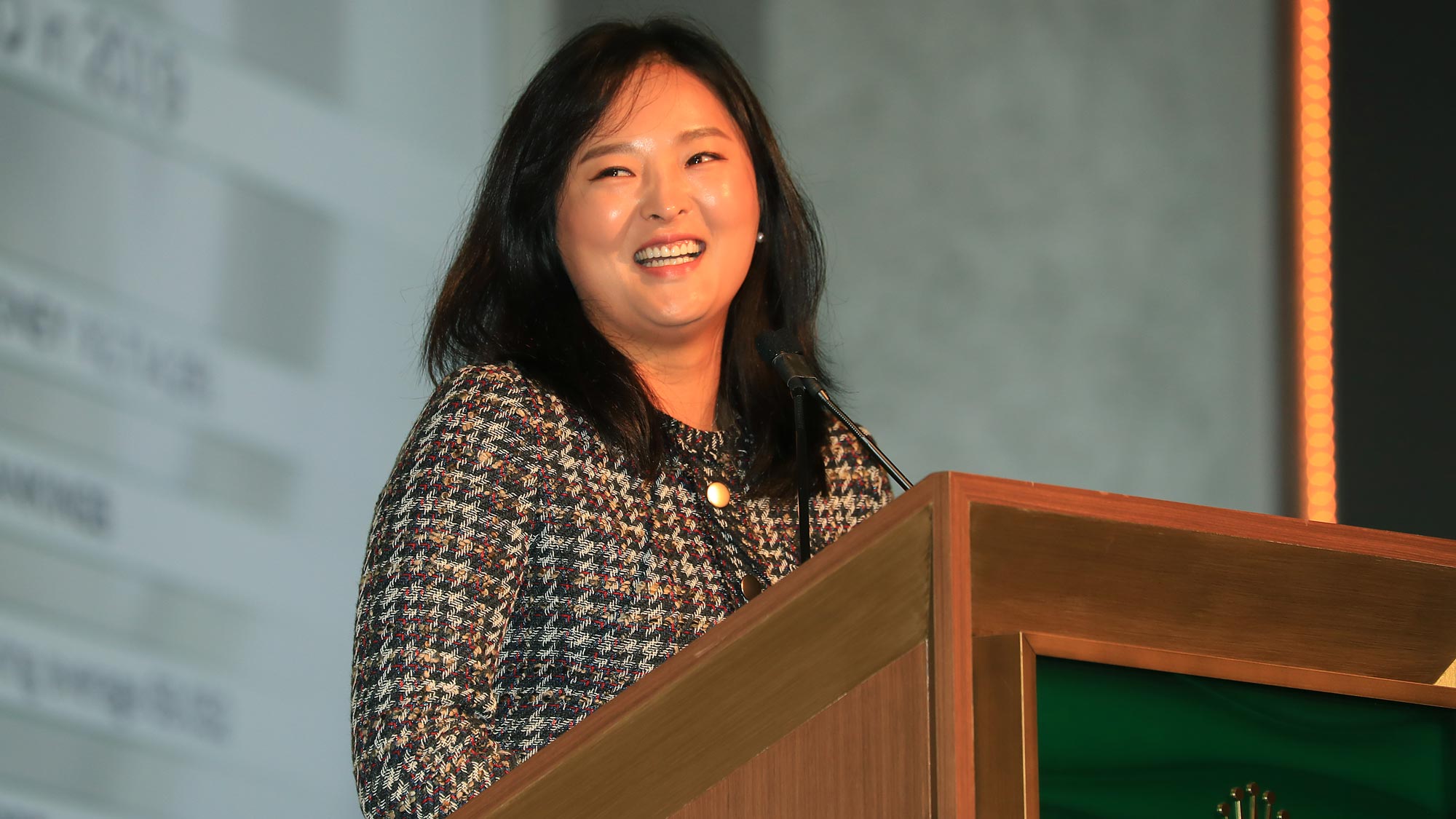 Jin Young Ko of South Korea addresses the crowd after winning the Rolex Player of the Year trophy during the LPGA Rolex Players Awards at the Ritz-Carlton Golf Resort on November 21, 2019 in Naples, Florida