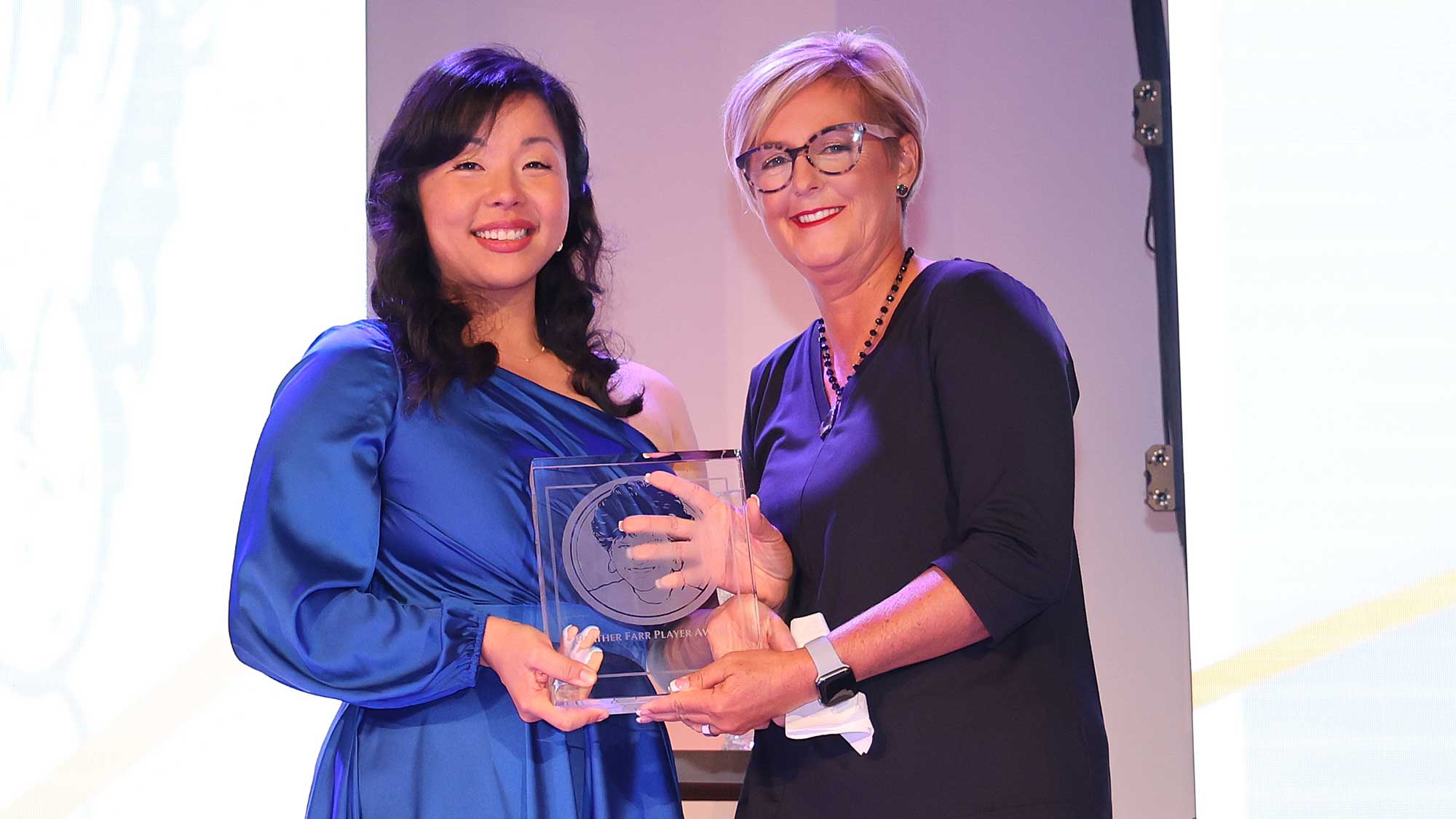 Jane Park of the United States poses with LPGA Player Director Vicki Goetze-Ackerman as she accepts the 2023 Heather Farr Perseverance Award during the 2023 LPGA Rolex Players Awards at Tiburon Golf Club on November 16, 2023 in Naples, Florida.