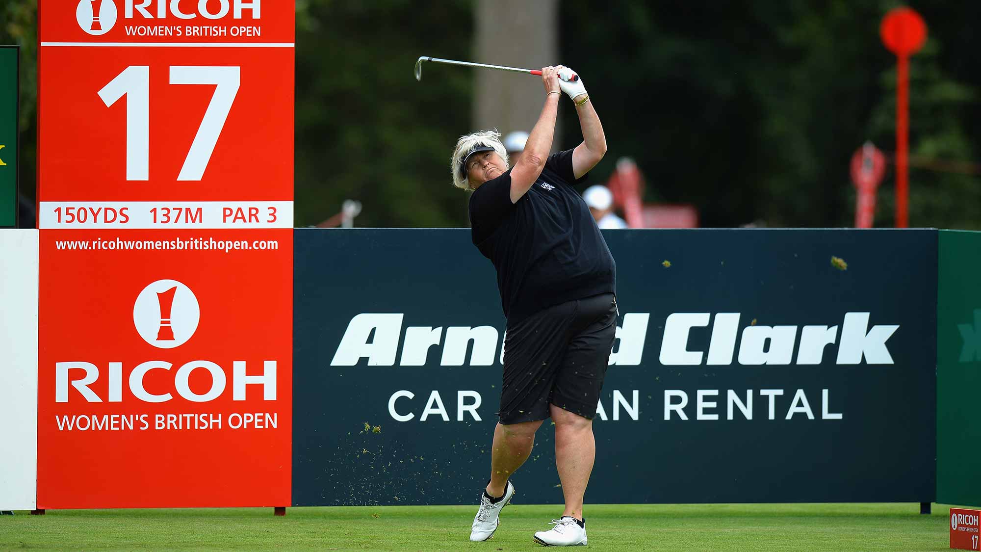 Laura Davies of England plays her first shot on the 17th tee fairway during the Ricoh Women's British Open