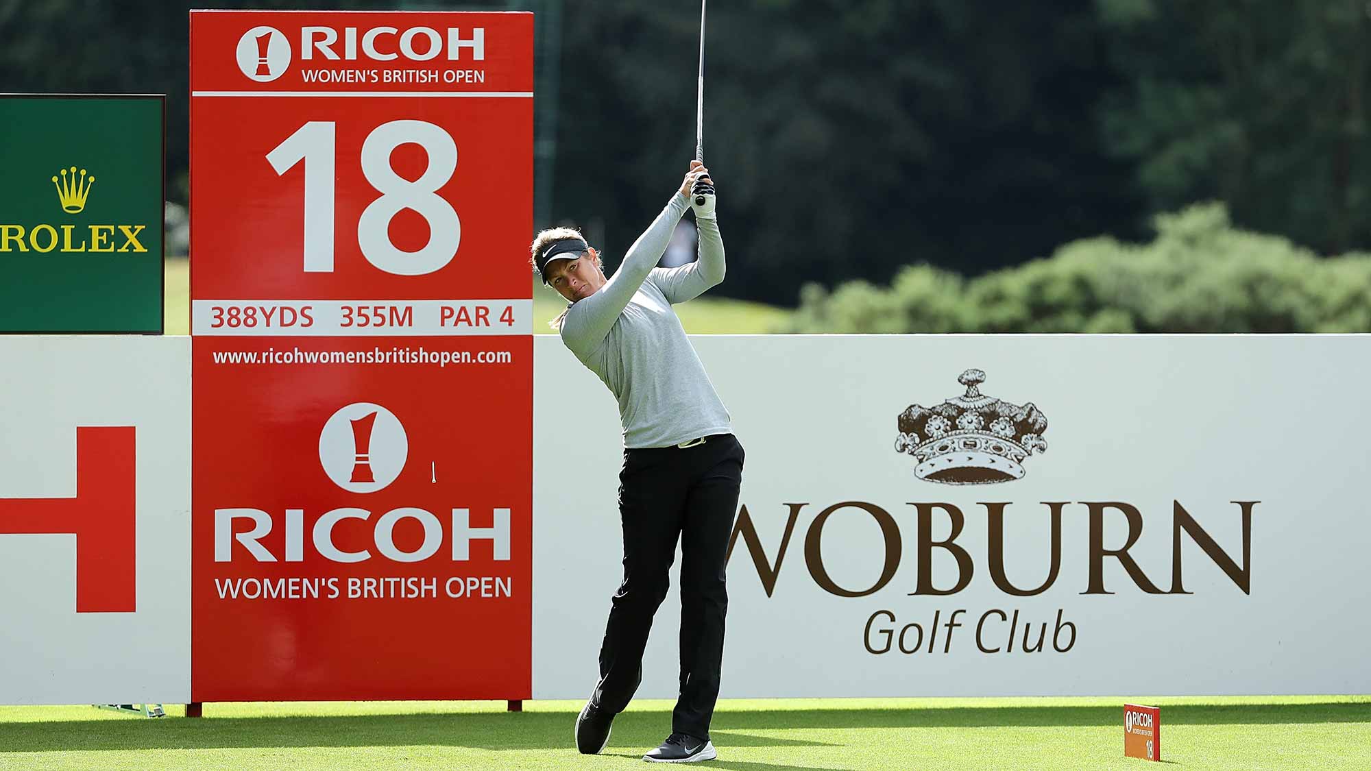 Suzann Pettersen of Norway tees off during a Pro-Am round ahead of the Ricoh Women's British Open