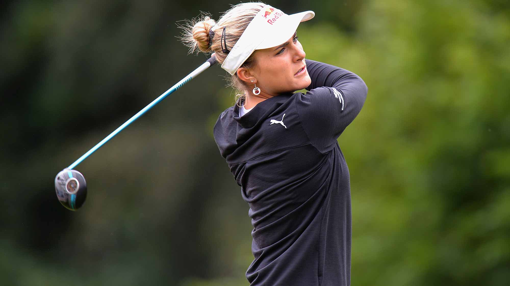 Lexi Thompson of USA plays her first shot on the 4th tee during the Ricoh Women's British Open