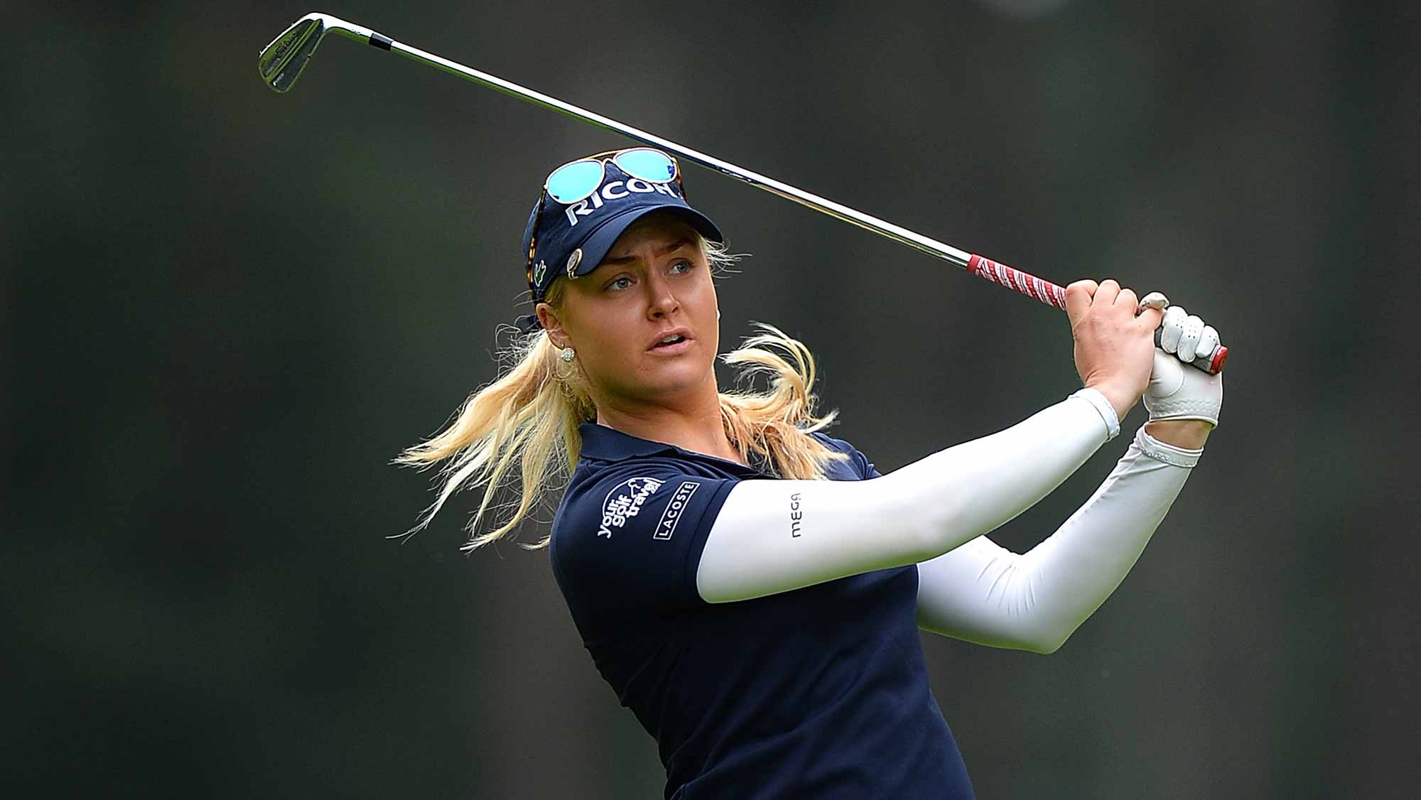 Charley Hull of England hits her second shot on the 3rd hole during the second round of the Ricoh Women's British Open at Woburn Golf Club