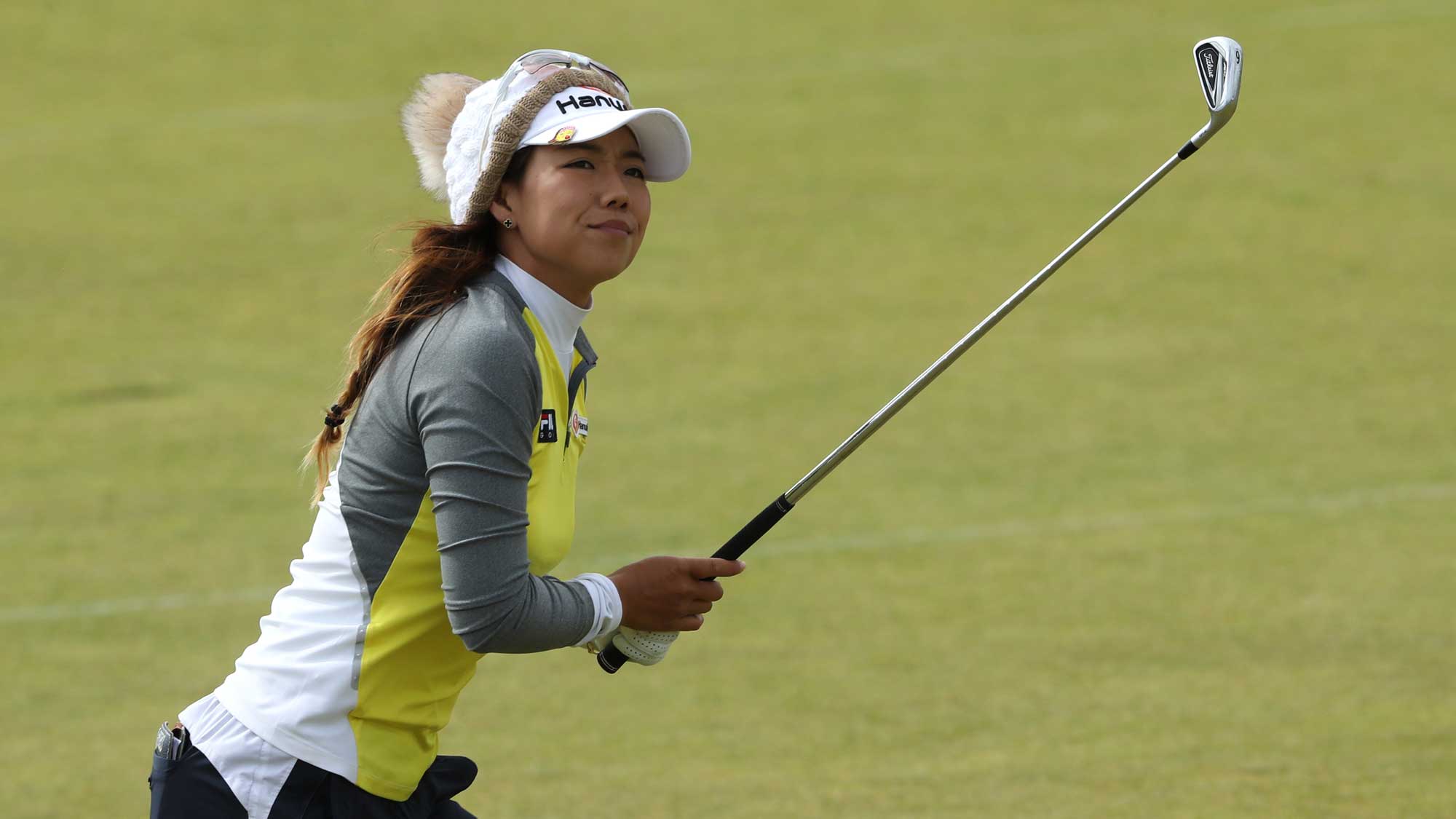 Jenny Shin of Korea hits her second shot on the 18th hole during the second round of the Ricoh Women's British Open at Kingsbarns Golf Links