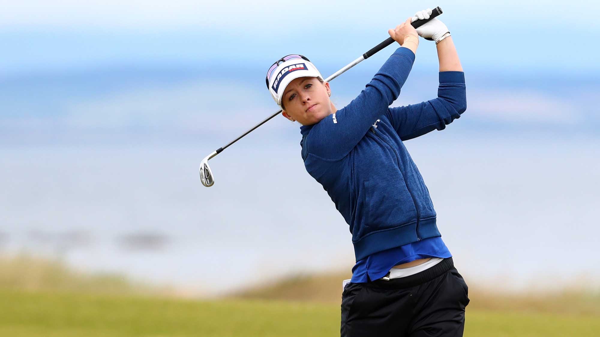 Jodi Ewart Shadoff of England hits her second shot on the 4th hole during the second round of the Ricoh Women's British Open at Kingsbarns Golf Links