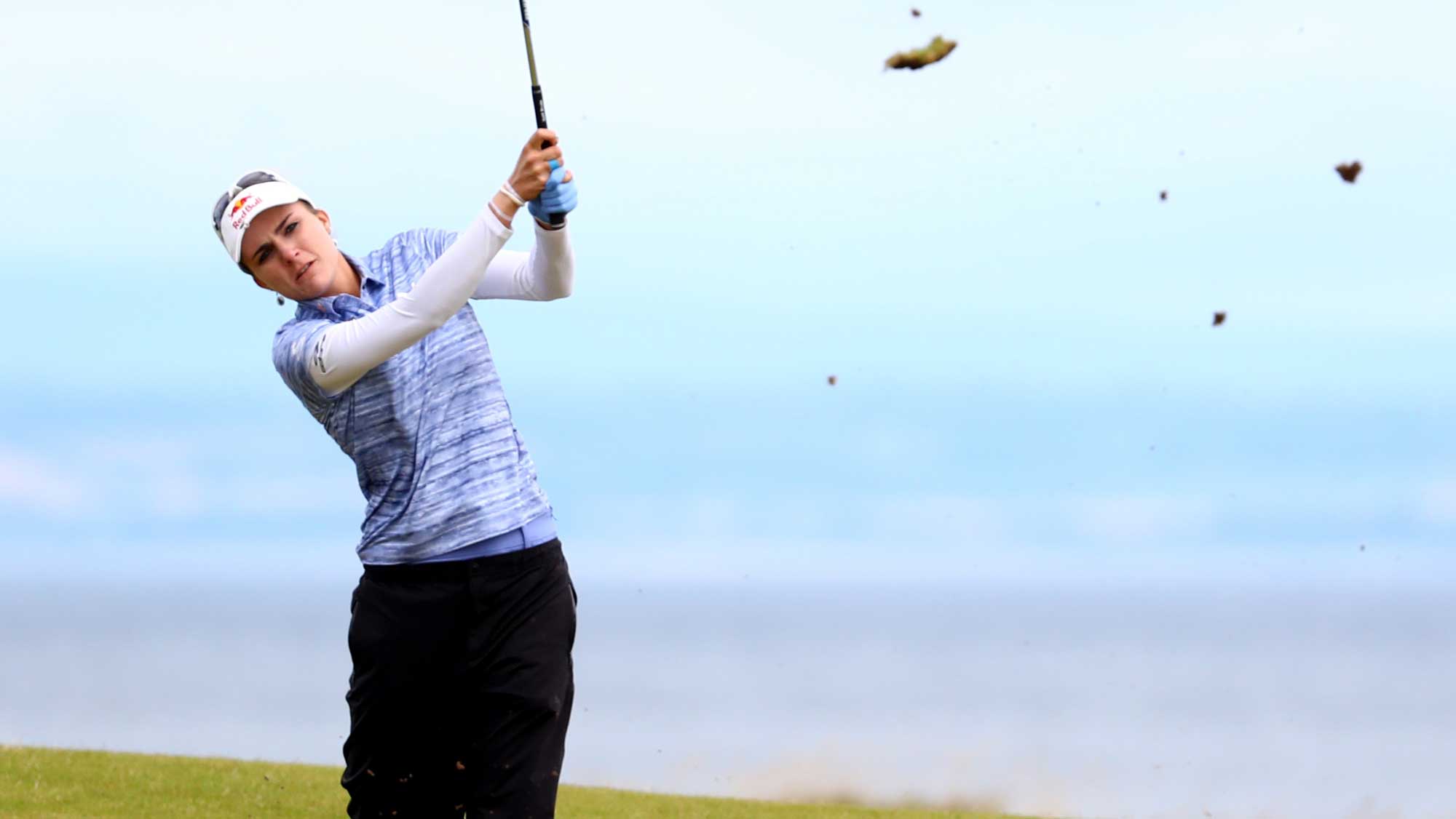 Lexi Thompson of the United States hits her second shot on the 4th hole during the second round of the Ricoh Women's British Open at Kingsbarns Golf Links