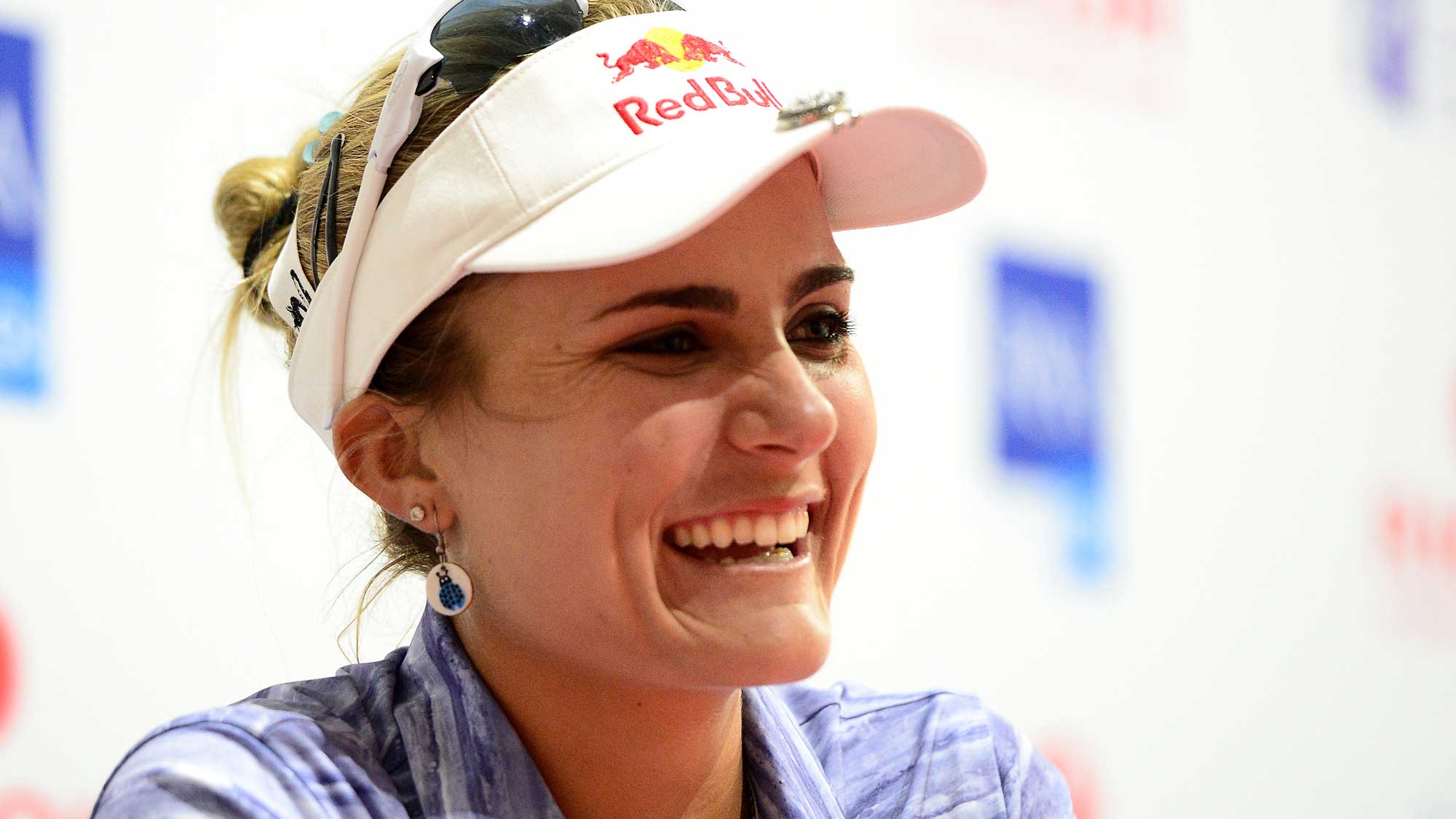 Lexi Thompson of the United States answers question from the media at a press conference during the second round of the Ricoh Women's British Open at Kingsbarns Golf Links