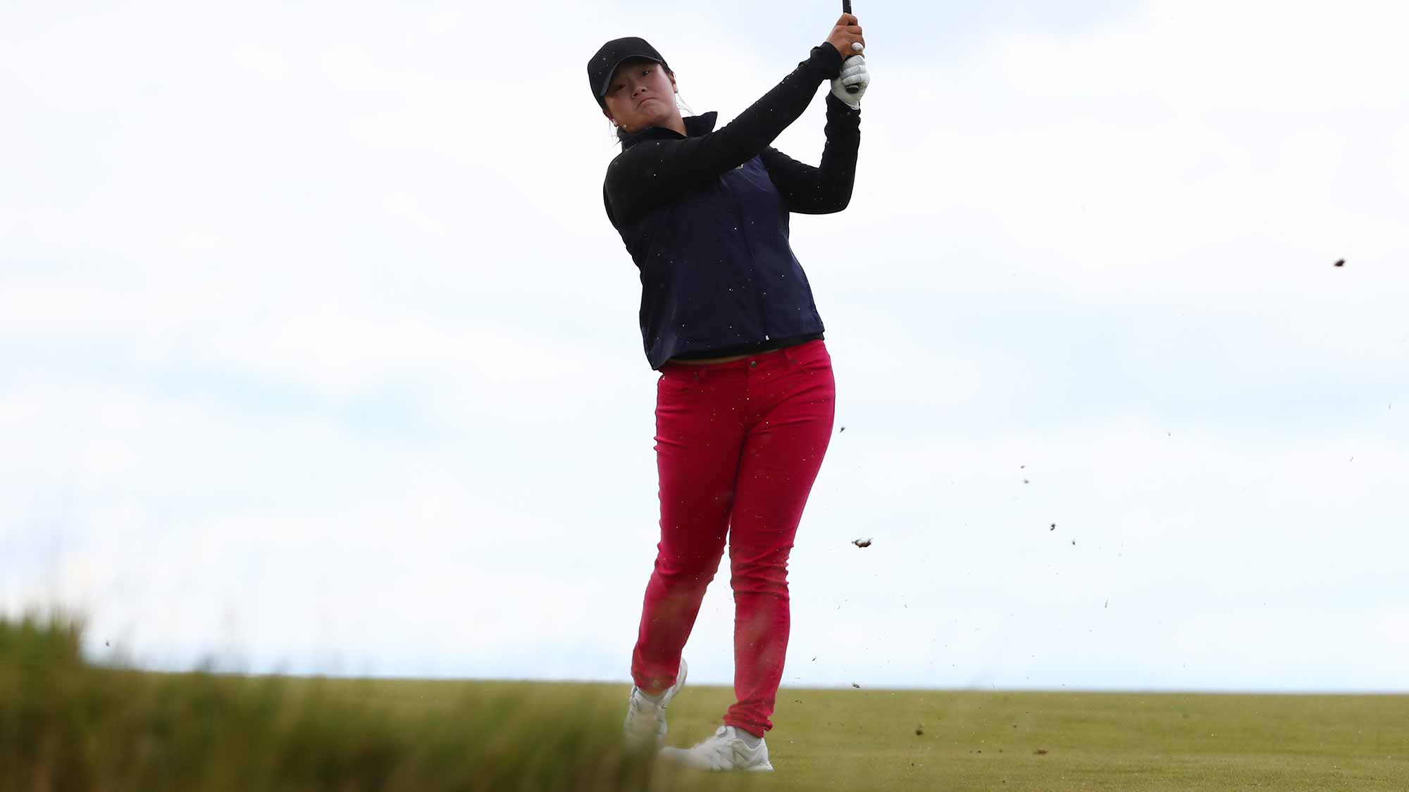 Angel Yin of the United States hits her second shot on the 4th hole during the third round of the Ricoh Women's British Open at Kingsbarns Golf Links