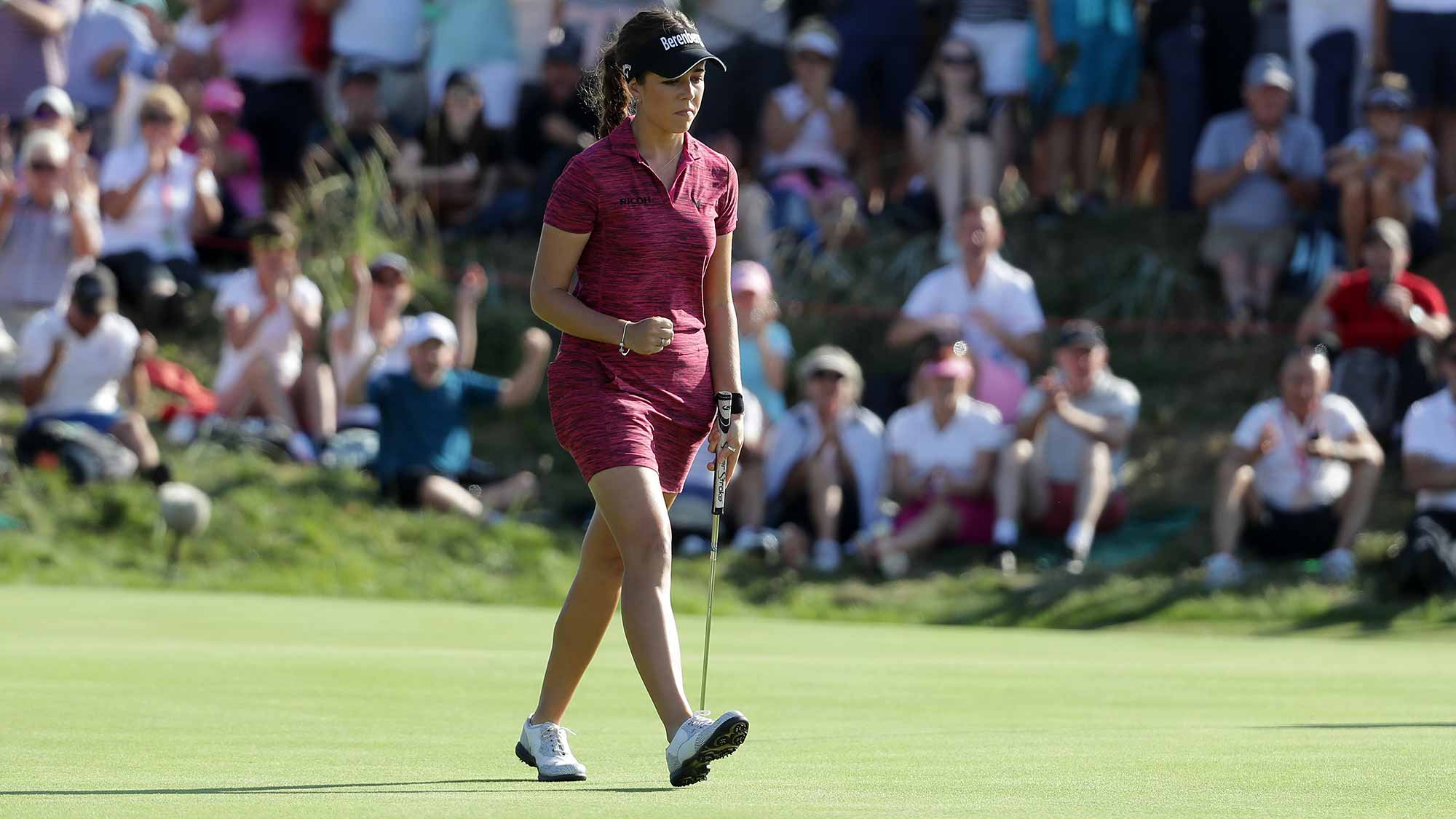 Georgia Hall of England reacts after making a birdie on 13th green during day four of Ricoh Women's British Open at Royal Lytham & St. Annes on August 5, 2018 in Lytham St Annes, England