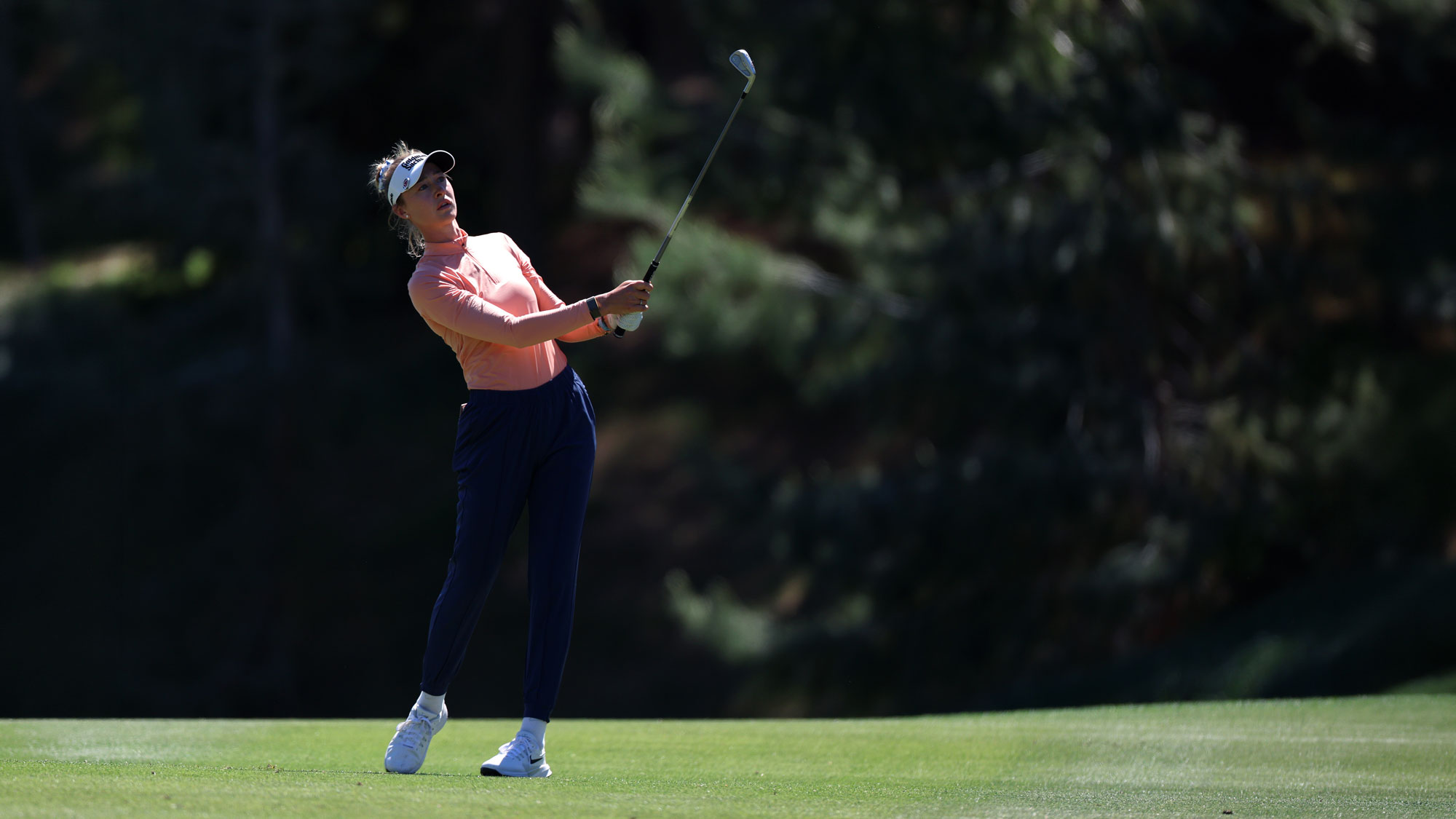 Nelly Korda of the United States plays a shot on the ninth hole during the second round of the Aramco Championship 2026 at Shadow Creek Golf Course on April 03, 2026 in Las Vegas, Nevada.