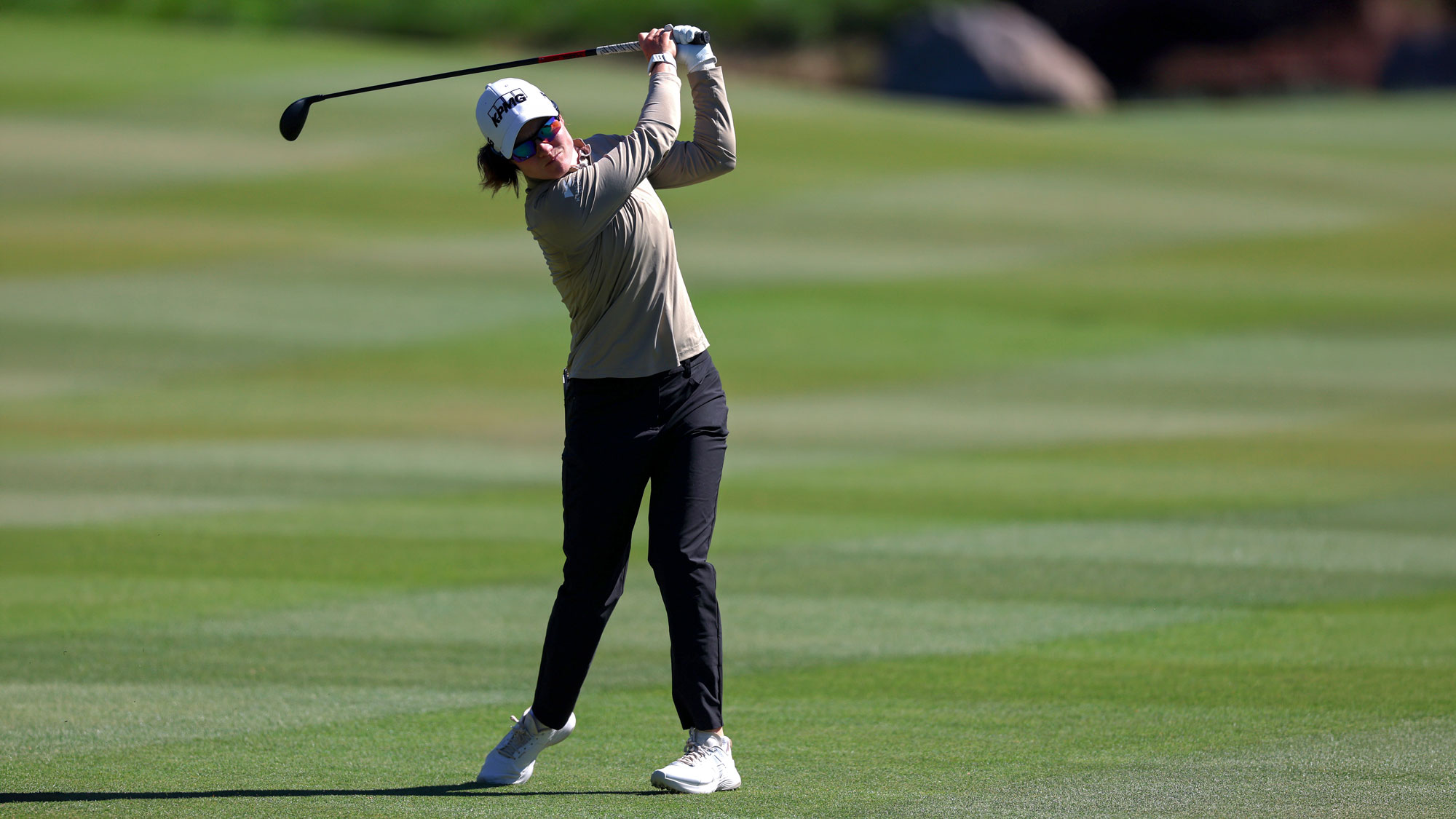 Leona Maguire of Ireland plays a shot on the ninth hole during the second round of the Aramco Championship 2026 at Shadow Creek Golf Course on April 03, 2026 in Las Vegas, Nevada.