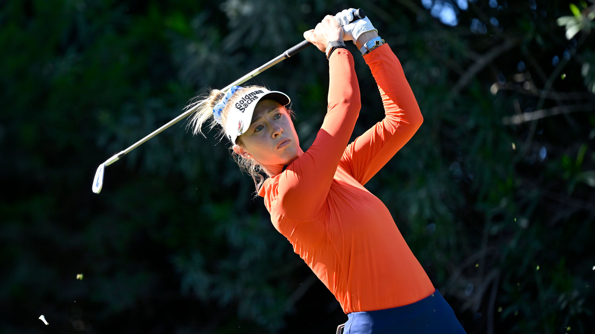 Nelly Korda of the United States plays her shot from the 11th tee during the third round of the Aramco Championship 2026 at Shadow Creek Golf Course on April 04, 2026 in Las Vegas, Nevada.