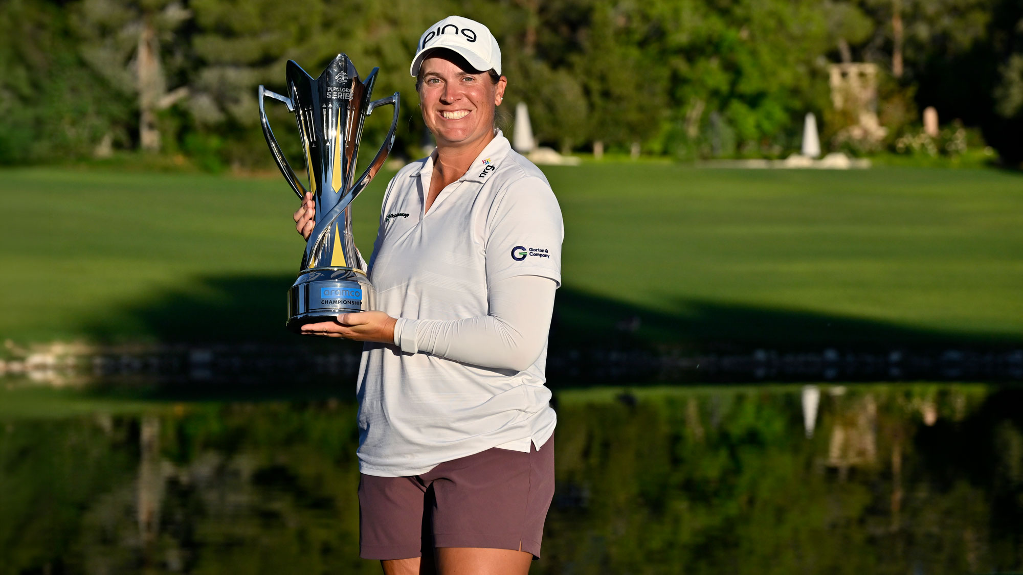 Lauren Coughlin of the United States poses with the winner's trophy after the final round of the Aramco Championship 2026 at Shadow Creek Golf Course on April 05, 2026 in Las Vegas, Nevada.