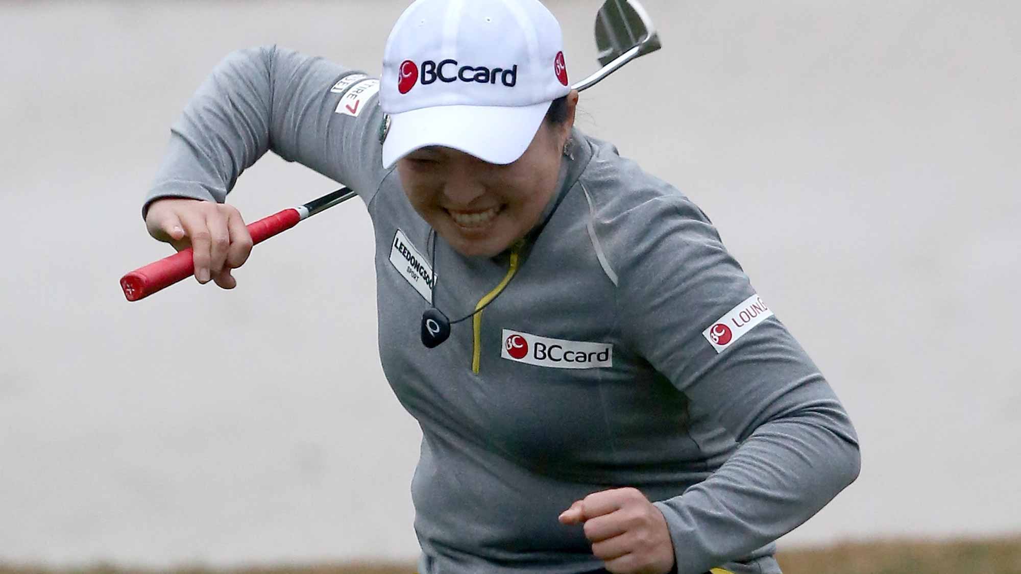 Ha Na Jang of South Korea celebrates winning the Coates Golf Championship Presented By R+L Carriers at Golden Ocala Golf Club