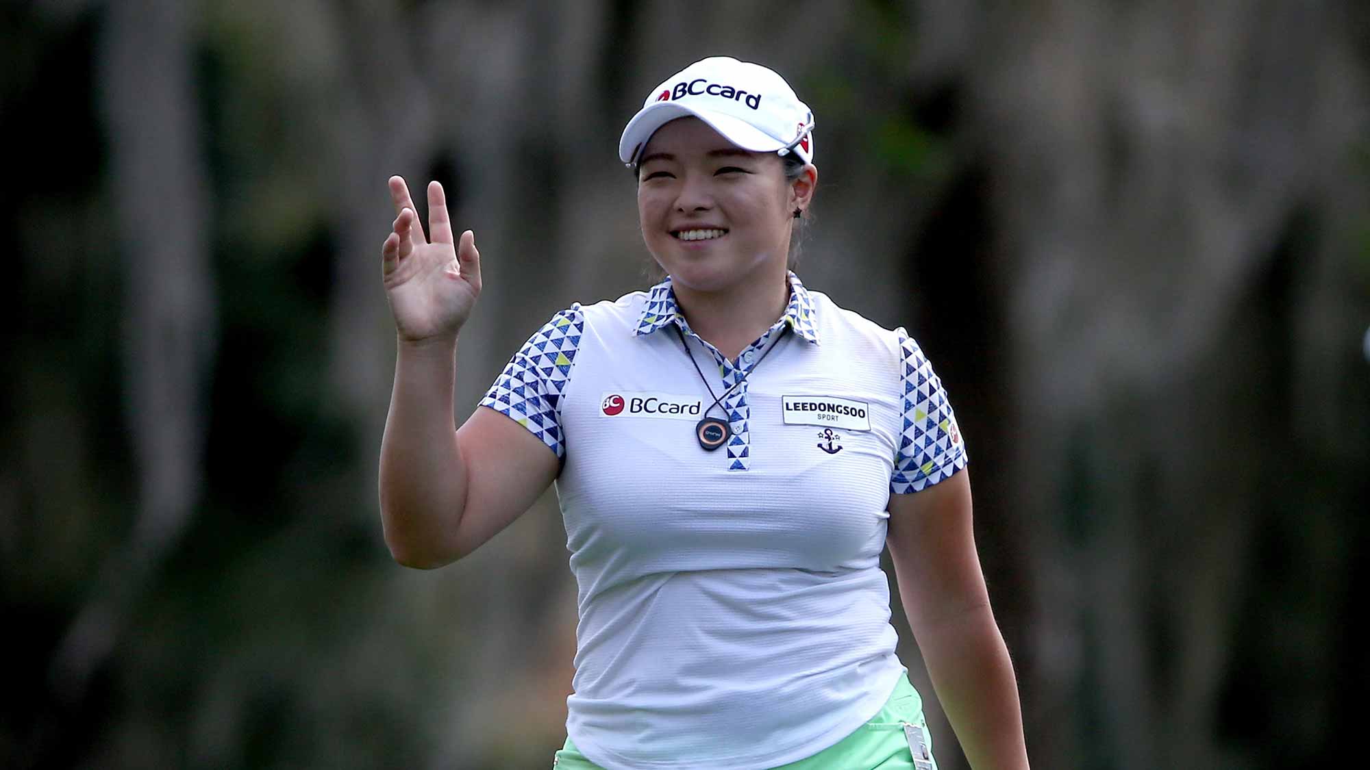 Ha Na Jang of South Korea reacts to her second shot on the ninth hole during the first round of the Coates Golf Championship Presented By R+L Carriers at Golden Ocala Golf Club