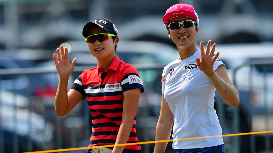Hyo Joo Kim (left) and Chella Choi during a practice round before the 2017 Indy Women In Tech presented by Guggenheim