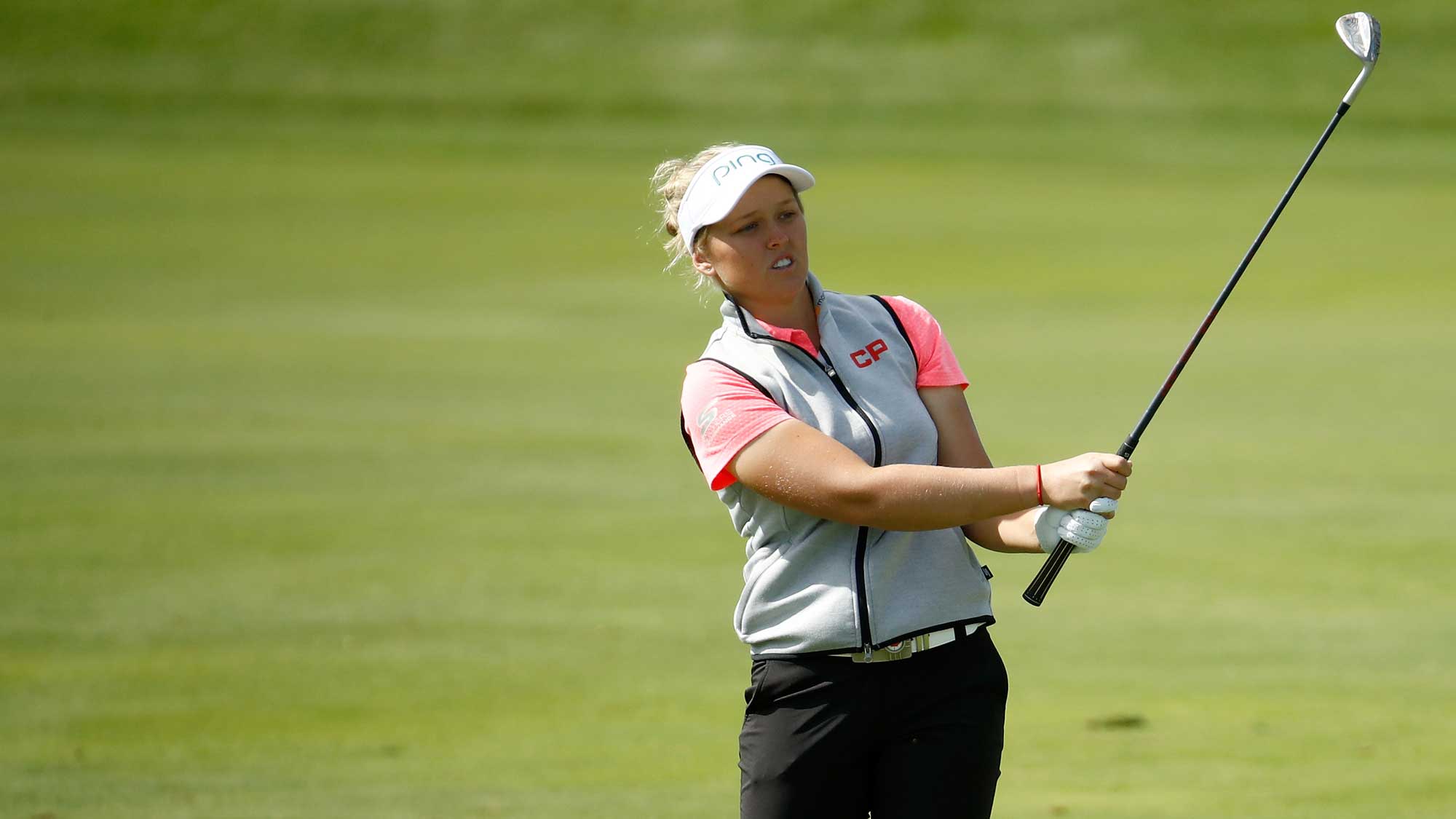 Brooke Henderson of Canada hits her second shot on the 9th hole during the first round of the Indy Women In Tech Championship-Presented By Guggenheim