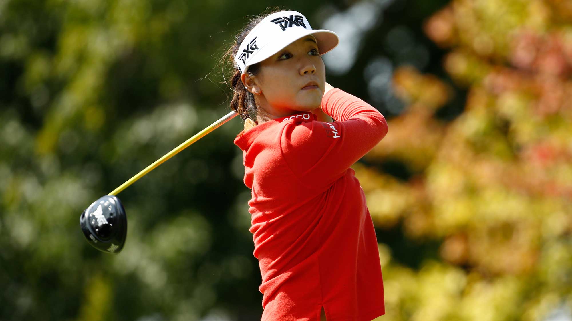 Lydia Ko of New Zealand hits her tee shot on the 9th hole during the second round of the Indy Women In Tech Championship-Presented By Guggenheim 
