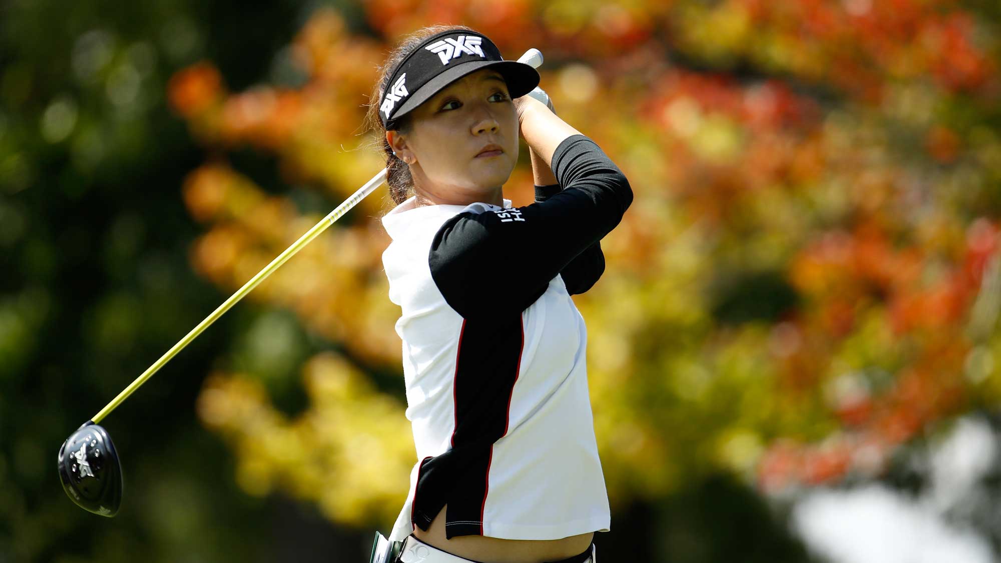 Lydia Ko of New Zealand hits her tee shot ont he 9th hole during the final round of the Indy Women In Tech Championship-Presented By Guggenheim