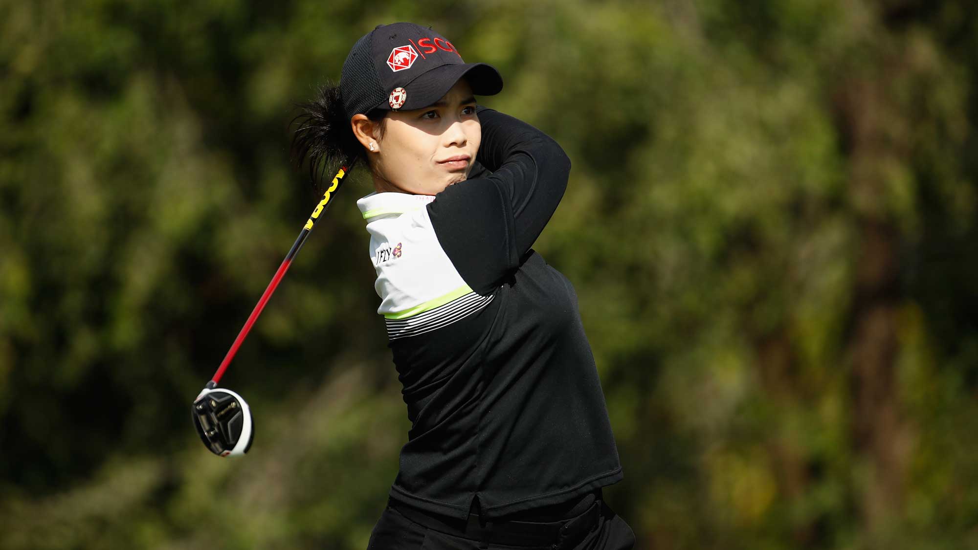 Moriya Jutanugarn of Thailand hits her tee shot on the 4th hole during the final round of the Indy Women In Tech Championship-Presented By Guggenheim