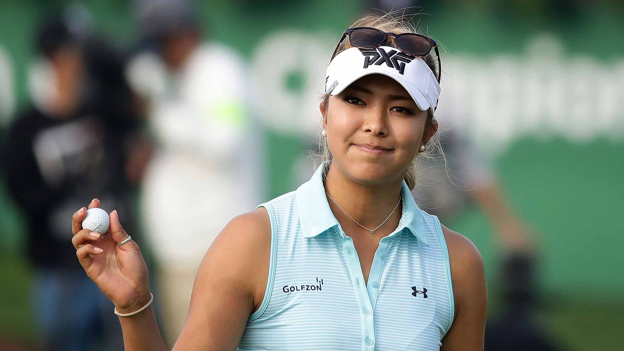 Alison Lee of United States reacts after a birdie putt on the 18th green during the third round of the LPGA KEB-Hana Bank Championship at the Sky 72 Golf Club Ocean Course