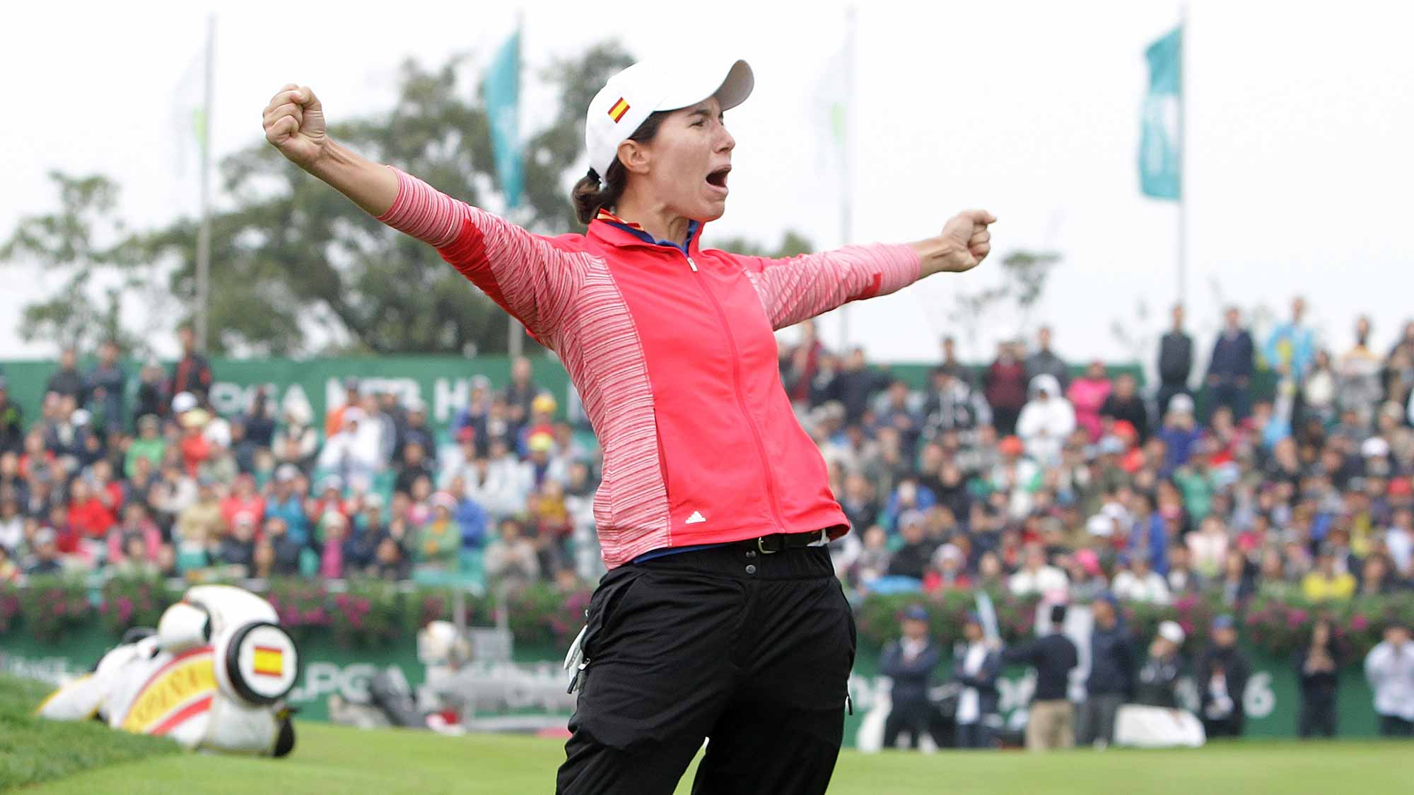 Carlota Ciganda of Spain celebrates after a winning putt on the 18th green during the final round of the LPGA KEB-Hana Bank Championship at the Sky 72 Golf Club Ocean Course