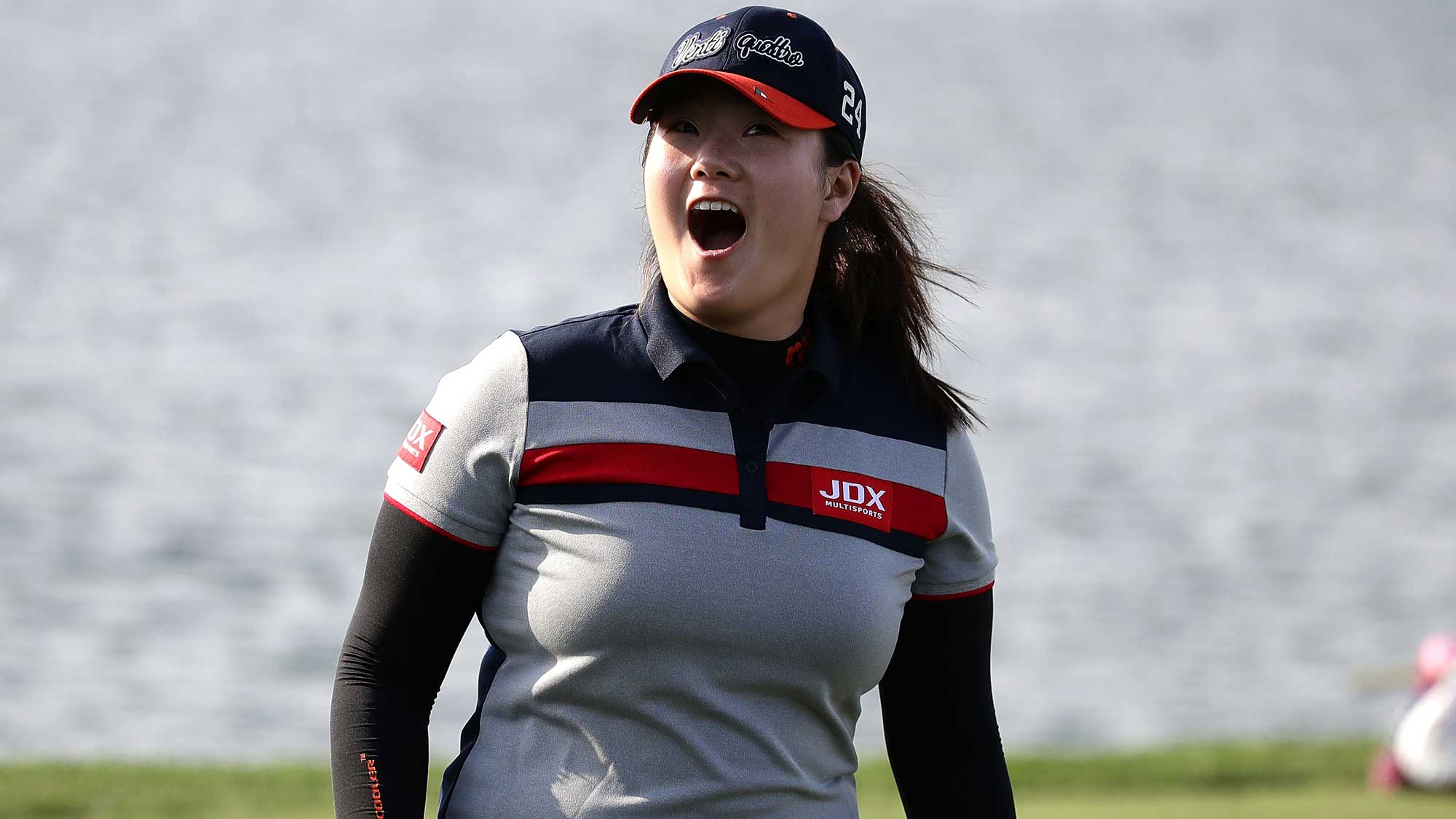 Angel Yin of United States reacts on the 18th green during the second round of the LPGA KEB Hana Bank Championship