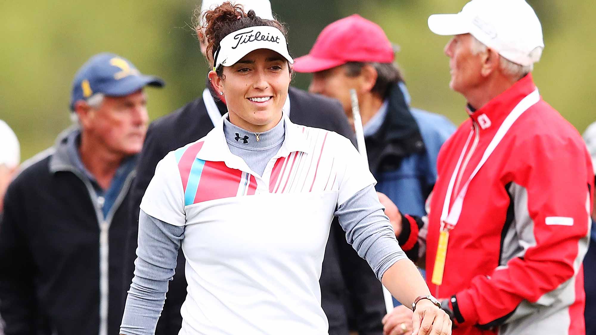 Emily Tubert of USA and Amy Boulden of Wales walk off the 14th green during day two of the New Zealand Women's Open at Windross Farm 