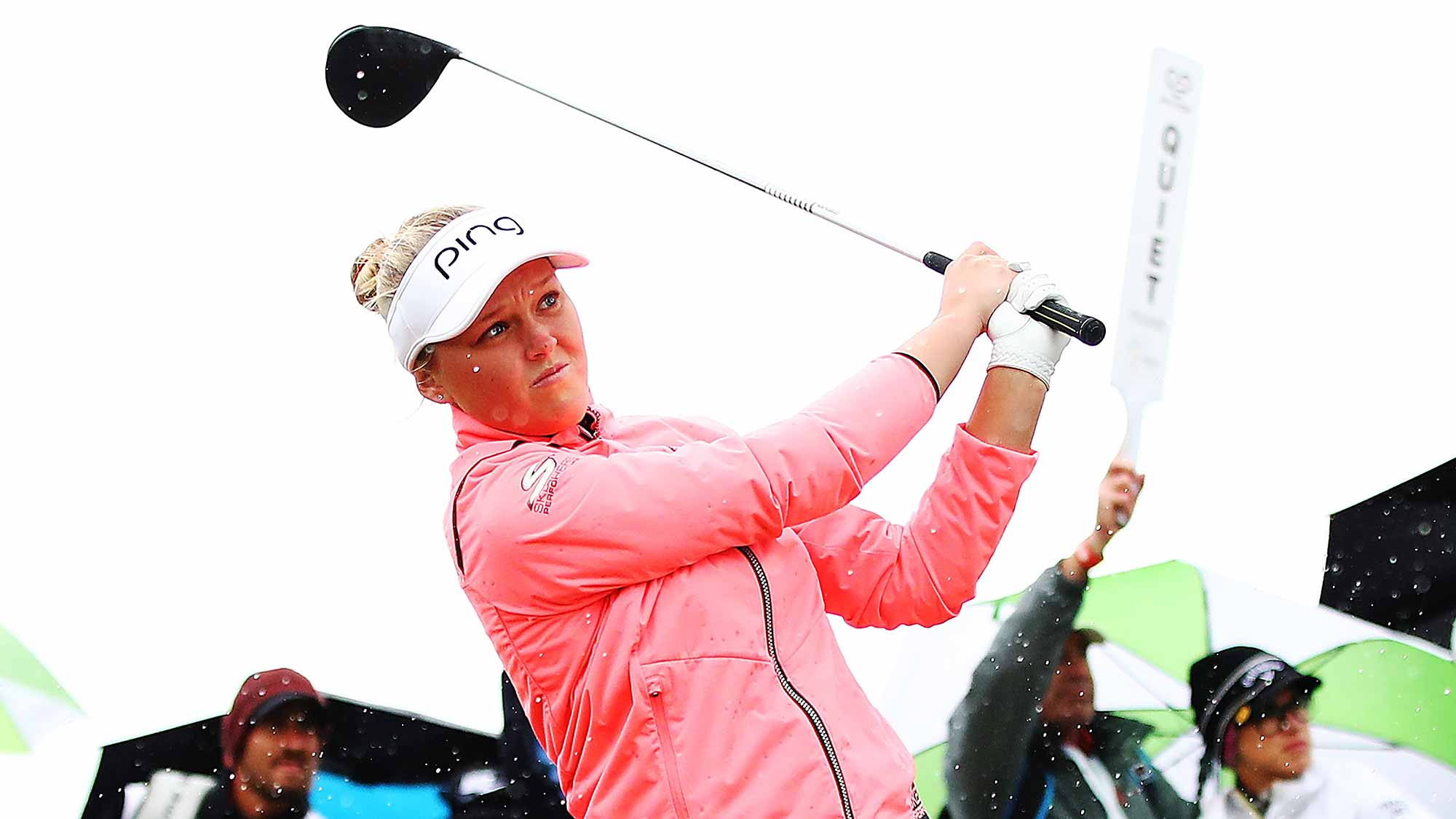 Brooke Henderson of Canada tees off during day four of the New Zealand Women's Open at Windross Farm